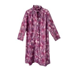Vintage 80s Bow Collar Midi Dress Ling Sleeve Buttons Floral Dusty Rose Purple L